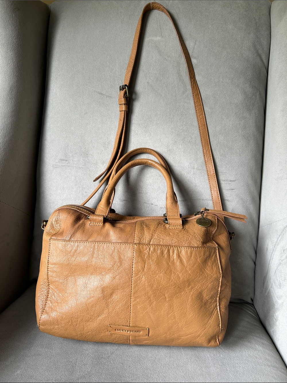 Lucky Brand Tan Leather Multi-Pocket Satchel Crossbody Bag Clover Charm